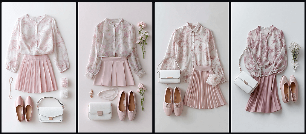 의상 플랫 레이, 플로럴 쉬폰 블라우스와 핑크 플리츠 스커트로 구성된 로맨틱 페미닌 룩 코디 이미지_Midjourney