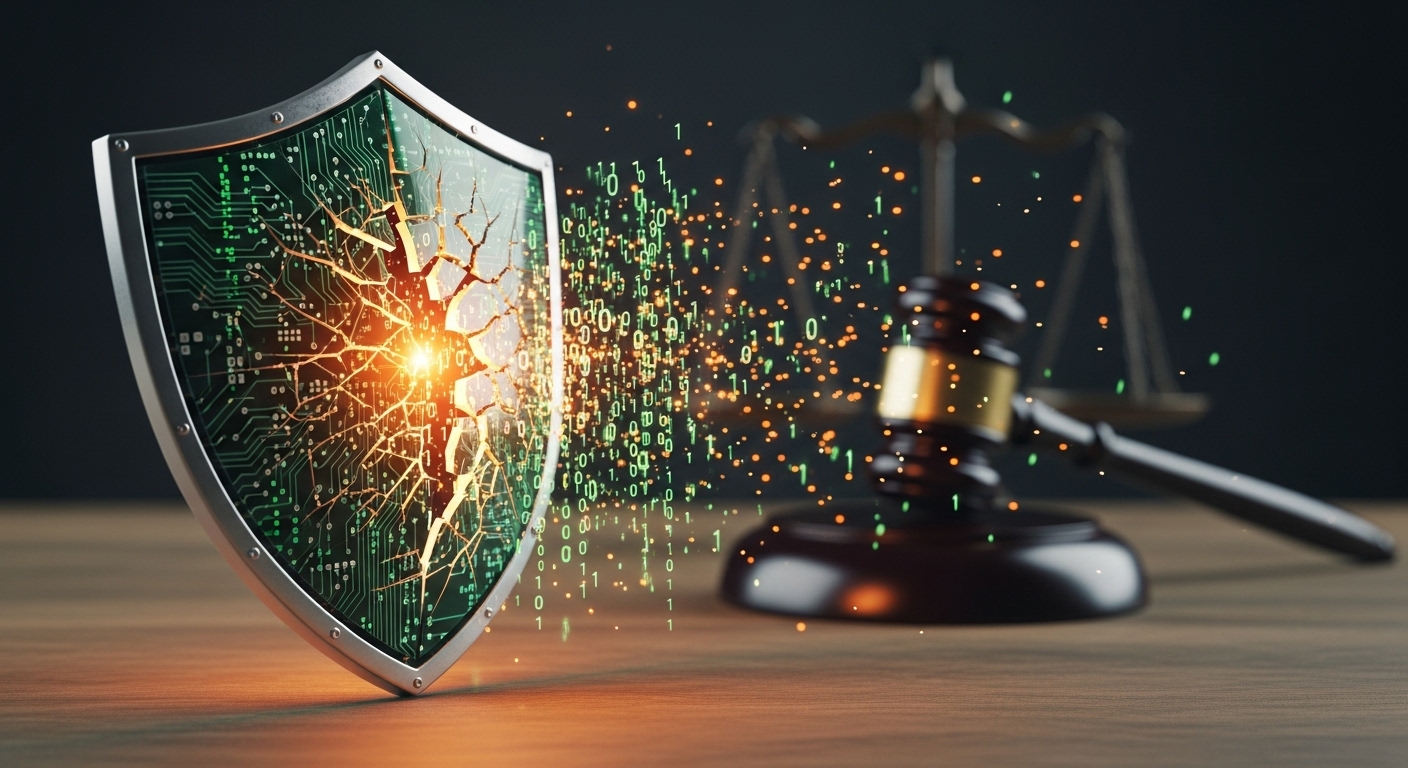 깨진 방패와 유출되는 데이터를 통해 데이터 보안 취약성을 상징하며, 법적 심판의 망치가 배경에 보인다.