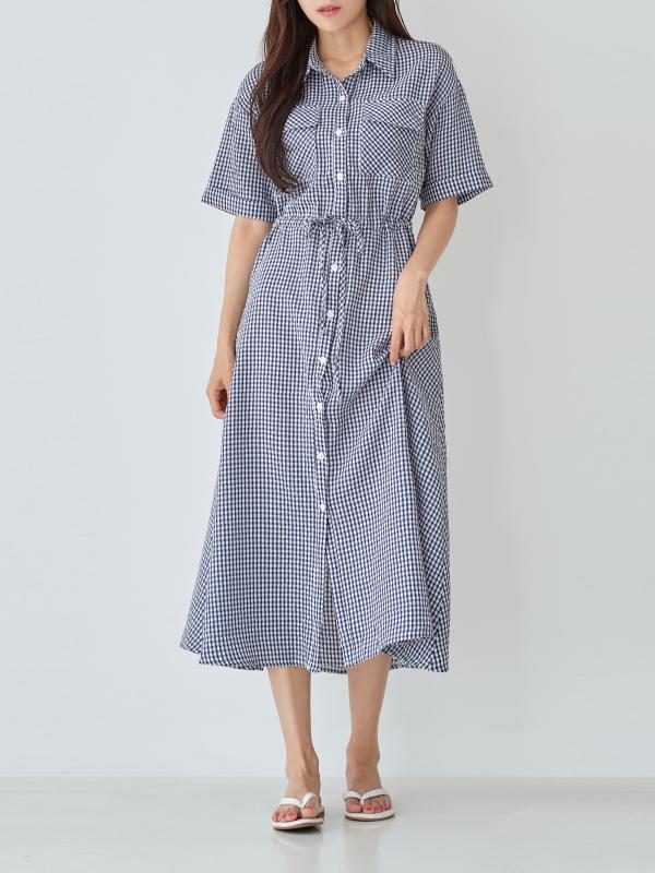 리틀마켓 시어서커 체크 스트링 투포켓 셔츠 반팔 롱원피스 OG35B0