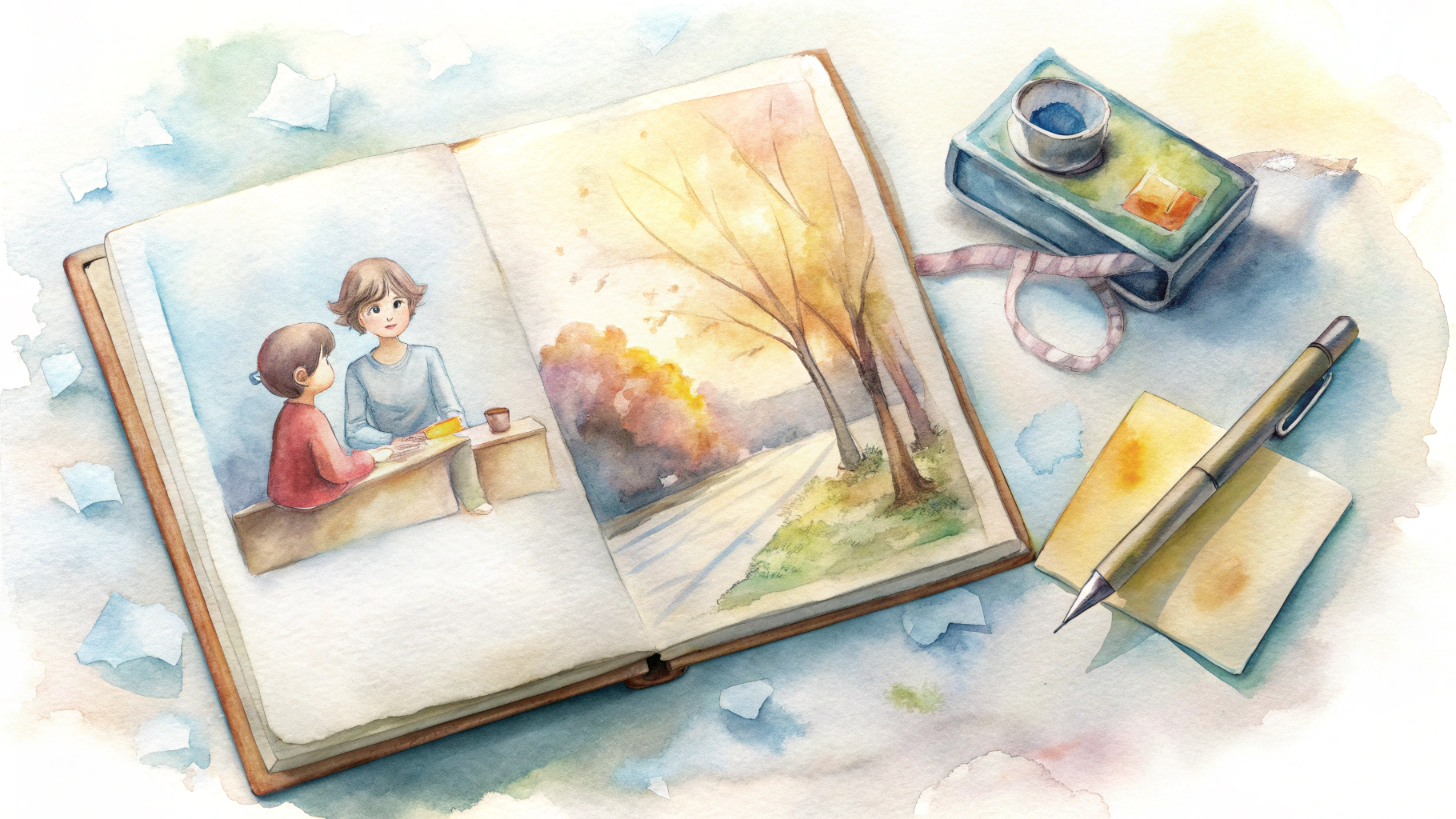 수채화 스타일로 그려진 다이어리 속에 벤치에 앉아 대화하는 두 사람과 가을 풍경의 나무길 장면이 담겨 있으며, 주변에는 카메라, 펜, 메모지가 함께 놓여 있는 따뜻하고 감성적인 일러스트