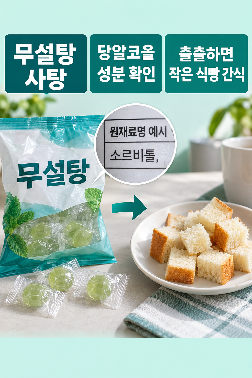 무설탕 사탕 실사 인포그래픽. 먼저 확인: 무설탕이라는 앞면; 원재료명 예시: 소르비톨 등 당알코올; 간식 교체: 출출하면 작은 식빵