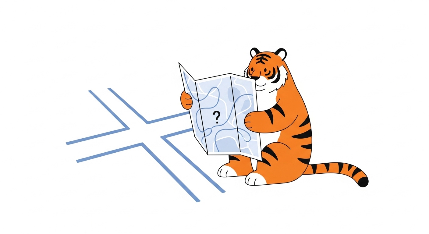 갈림길에서 지도를 보며 현명하게 길을 선택하고 유연하게 대처하는 호랑이 캐릭터 일러스트