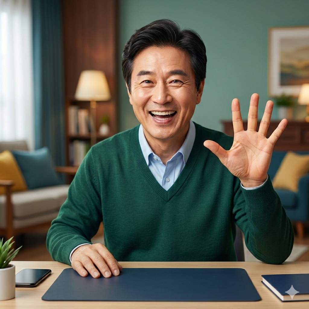 5개의 ETF를 상징하는 손동작 60대 남자인물