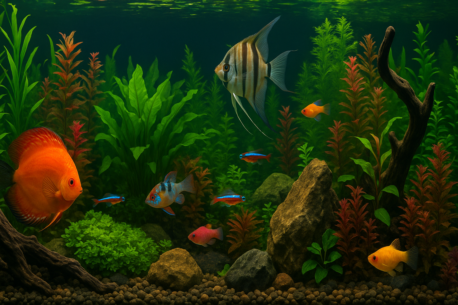 물고기와 다양한 수초, 자연스러운 바위와 유목이 조화를 이루는 열대어 수조 레이아웃. 여러 종류의 알록달록한 열대어들이 수조 안을 헤엄치고 있으며, 배경에는 푸른 수초가 풍성하게 자라나 자연스럽고 생동감 있는 분위기를 연출합니다.