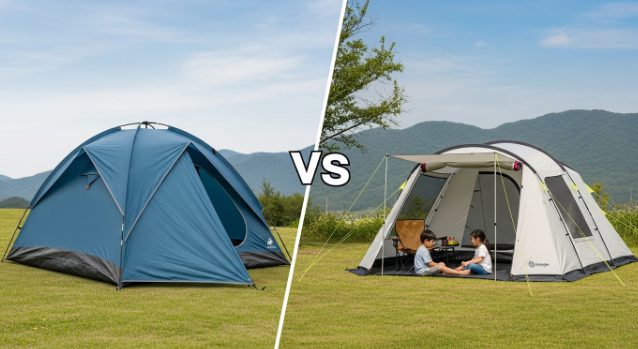 간편한 돔 텐트와 넓은 리빙쉘 텐트가 나란히 설치되어 있는 모습