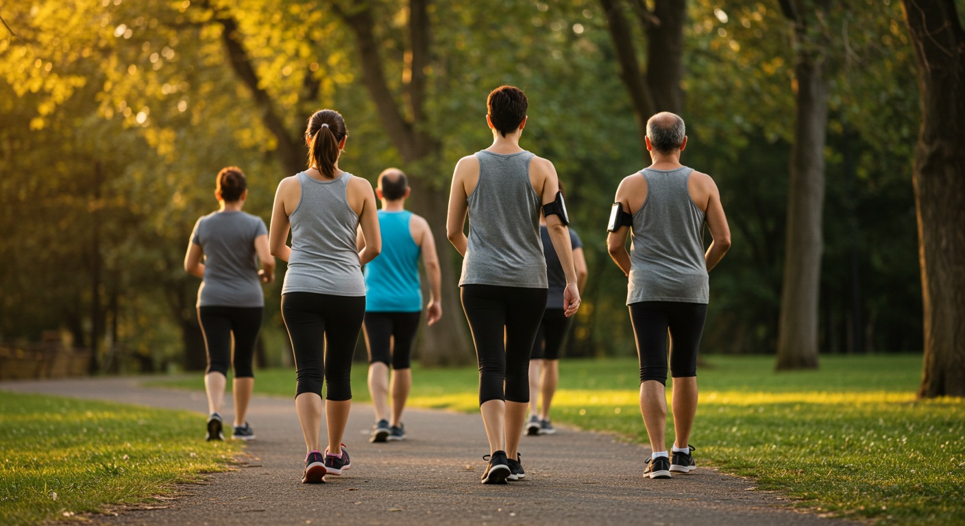 건강한 걷기 운동을 하는 다양한 연령대의 사람들