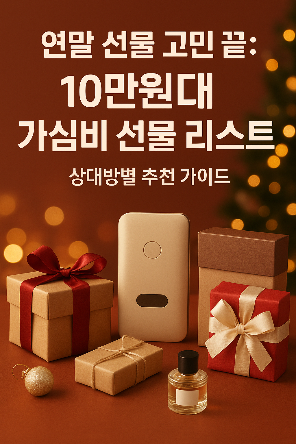 따뜻한 조명 아래 포장된 선물 상자와 향수가 놓인 연말 분위기의 이미지로, 10만원대 가심비 선물 리스트와 상대방별 추천 가이드를 시각적으로 표현함