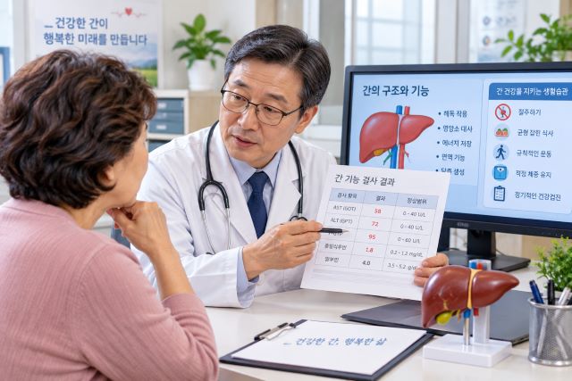의료진과 혈액 검사 결과를 보며 간 건강을 상담하는 모습