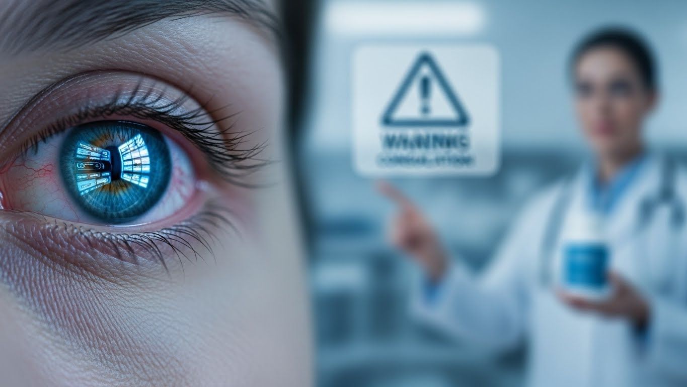 약간 붉고 지친 사람의 눈을 디지털 화면에 비추어 클로즈업한 사진입니다.