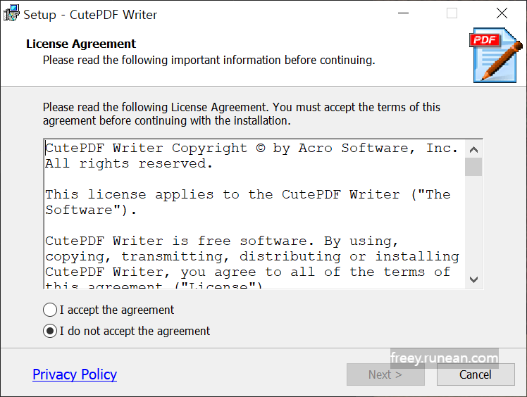 큐트PDF 라이터(CutePDF Writer) 설치 화면