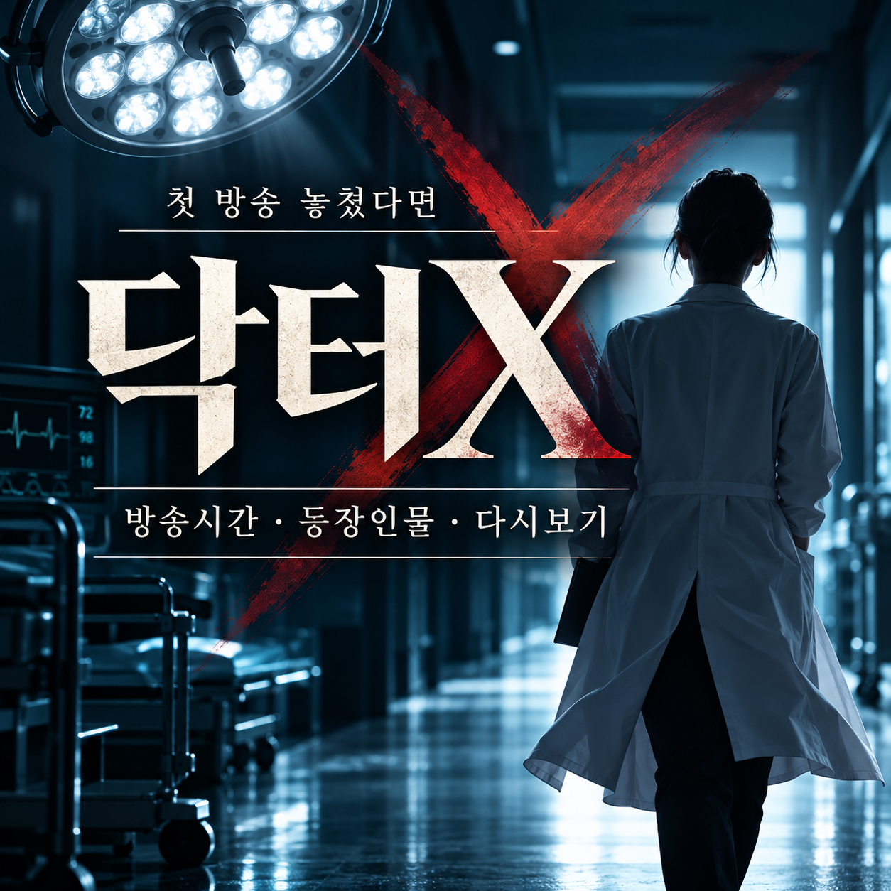 닥터X 방송시간 등장인물 다시보기 안내를 담은 병원 배경의 정보형 썸네일