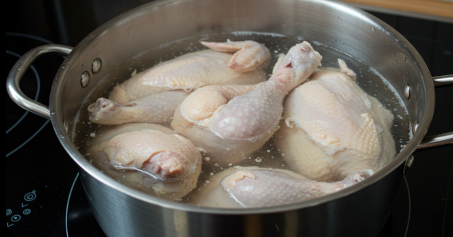 냄비에 닭 손질 및 데치고 있는 이미지