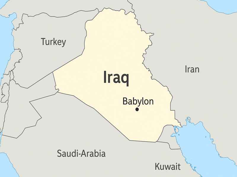 이라크 지도에서 바빌론의 위치가 점으로 표시된 단순 지형도