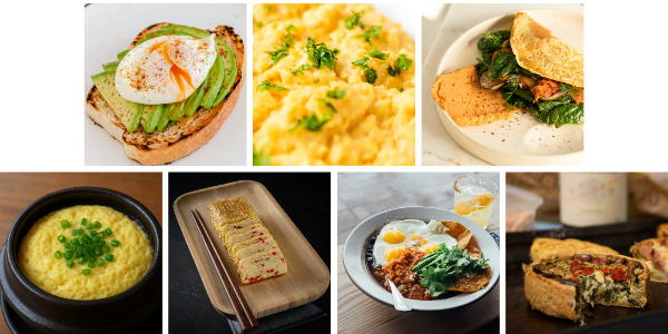 왼쪽 위부터 수란, 스크램블에그, 오믈렛, 계란찜, 다마고야키, 우에보스 란체로스, 키쉬 요리사진