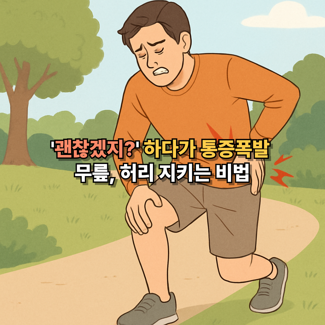 괜찮겠지? 하다가 통증 폭발하는 장면을 담은 남성이 무릎과 허리를 부여잡고 고통스러워 하는 모습