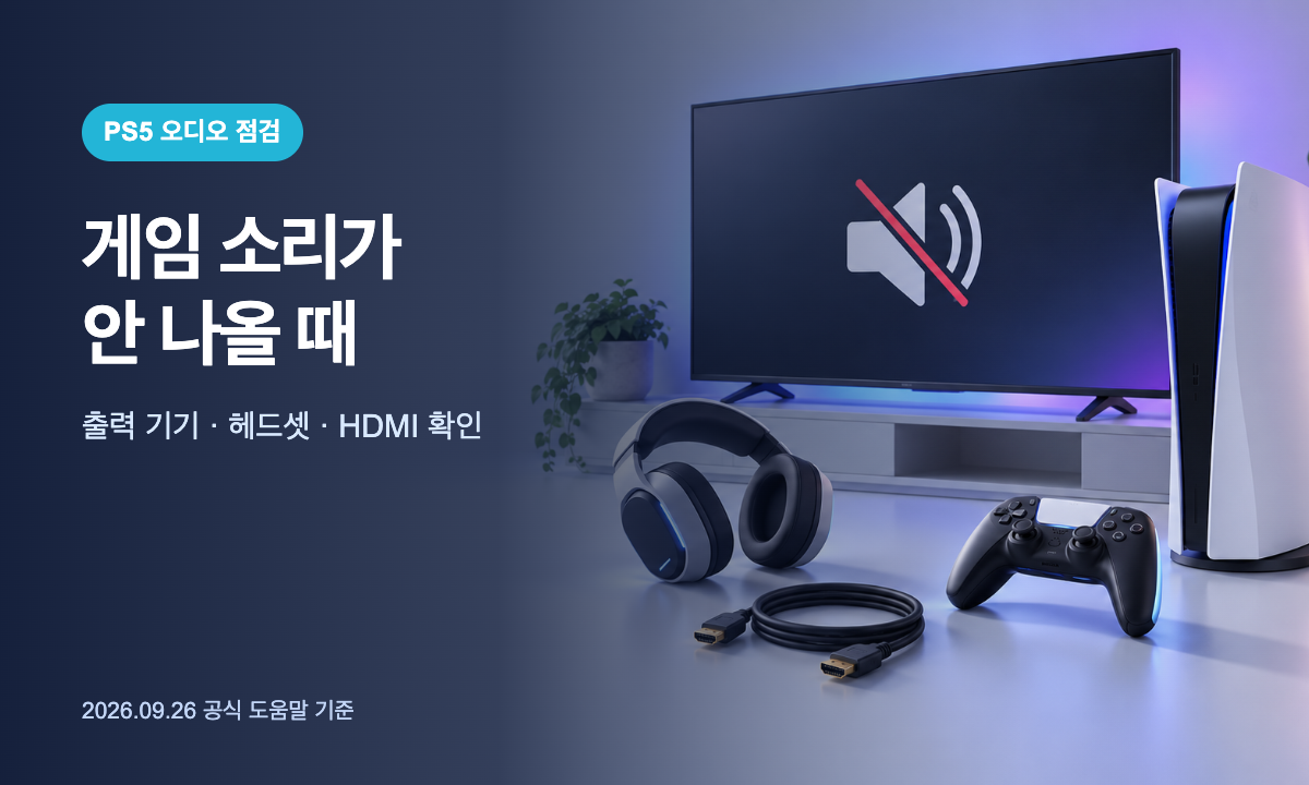 PS5 콘솔과 TV, 헤드셋, HDMI 연결을 그린 게임 소리 출력 점검 삽화