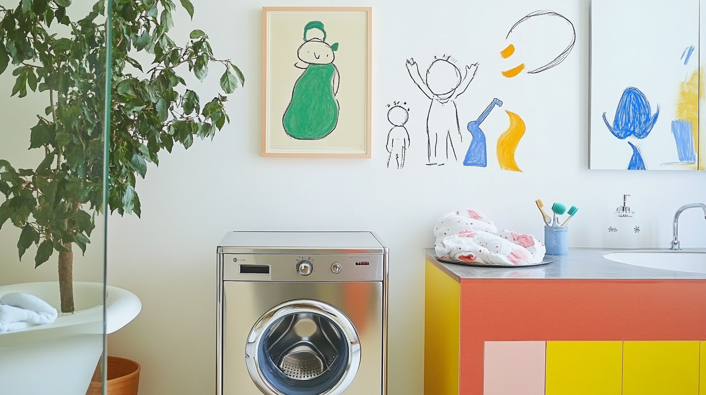 미니멀한 욕실 환경에서 아기용 장식이 있는 스테인리스 드럼 세탁기의 세련된 모습