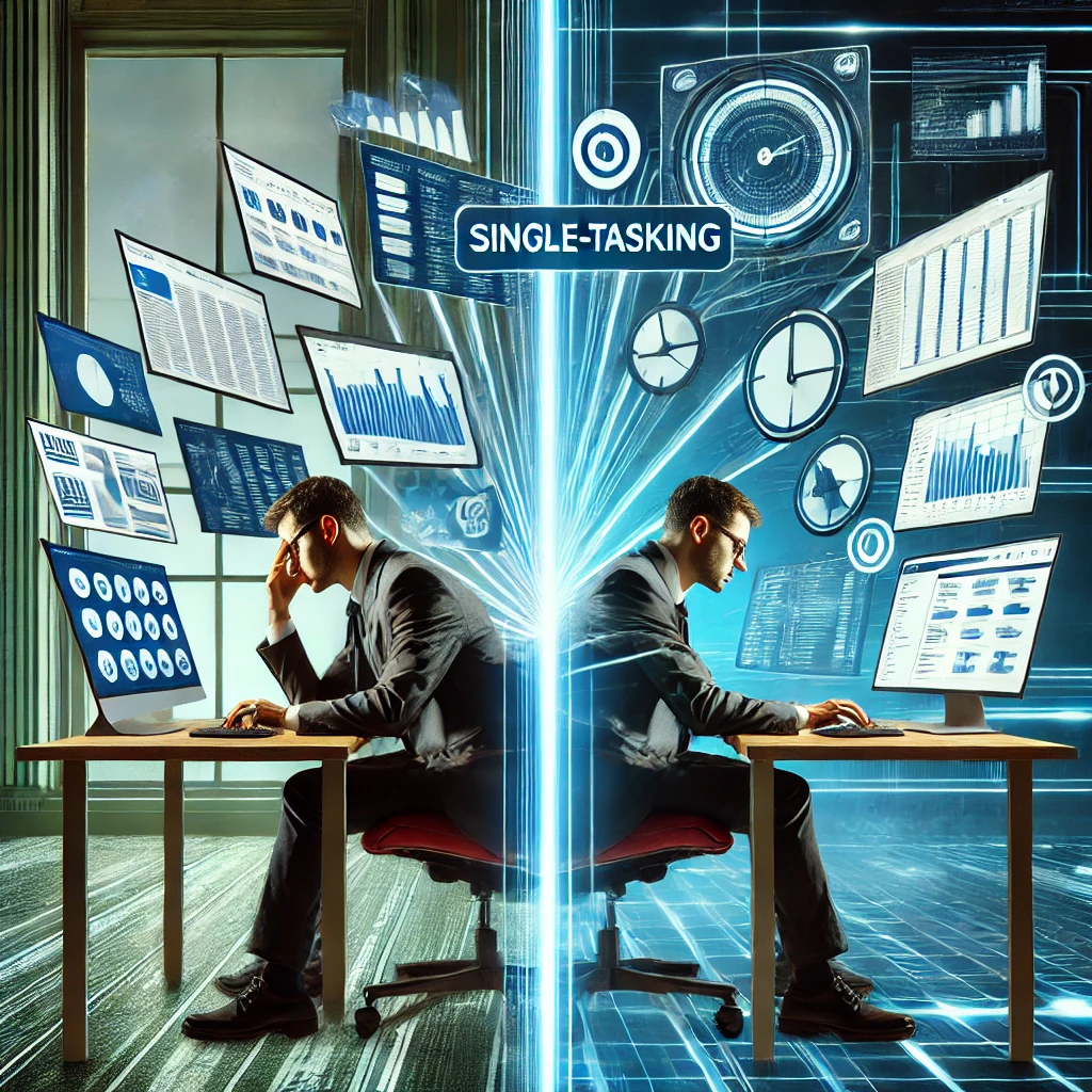 멀티태스킹 vs 싱글태스킹을 표현한 이미지사진.
멀티태스킹으로 혼란스러워하는 사람 vs 싱글태스킹으로 집중하는 사람.
산만한 업무 환경 vs 깔끔하고 효율적인 업무 공간
미래형 하이테크 업무 환경 강조