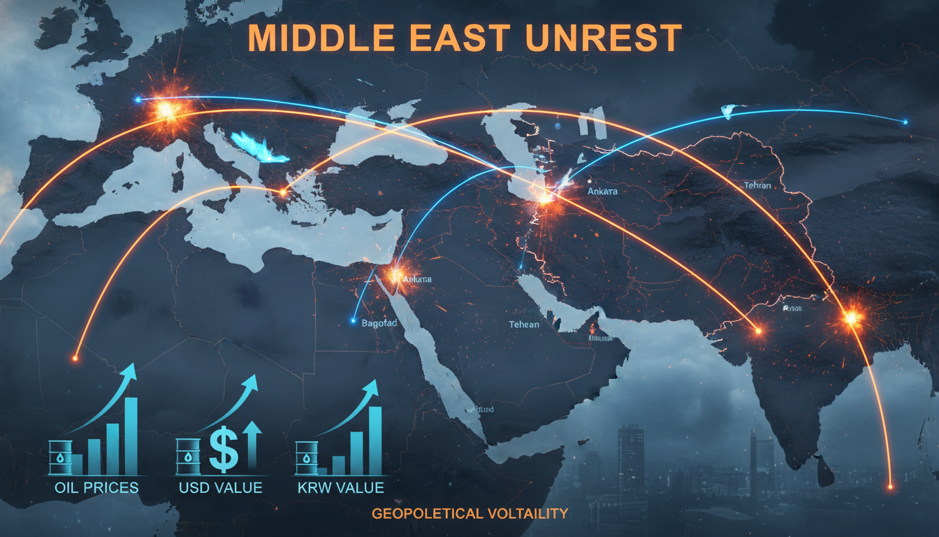 튀르키예와 이란 미사일 사태로 인한 중동 지정학적 리스크와 유가 및 환율 상승을 보여주는 3D 일러스트