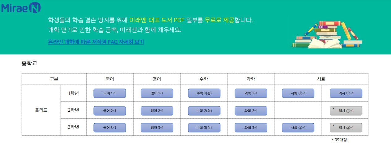중학교 1,2,3학년 미래엔 온라인 전자 교과서 pdf 다운 받는 곳