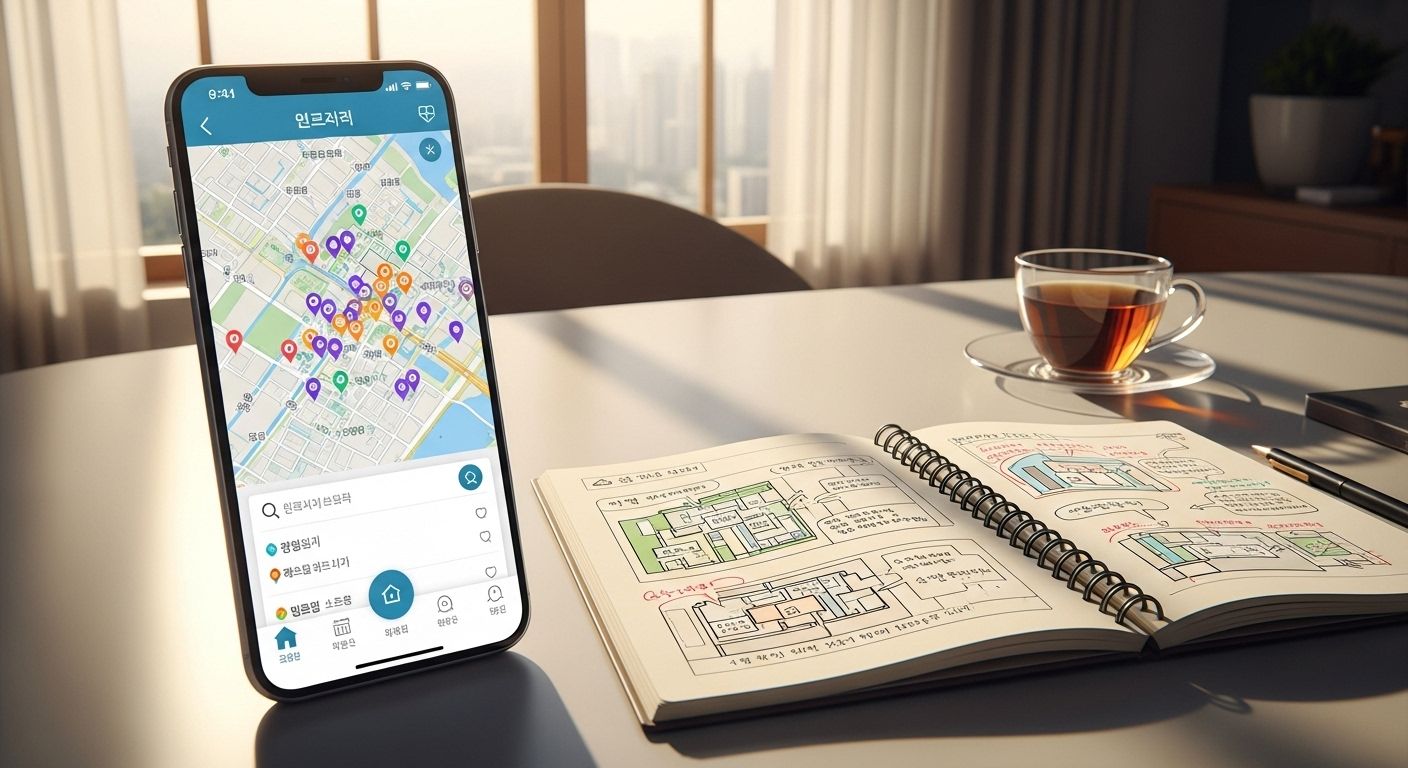 부동산 지도 앱이 켜진 스마트폰과 노트가 놓인 테이블