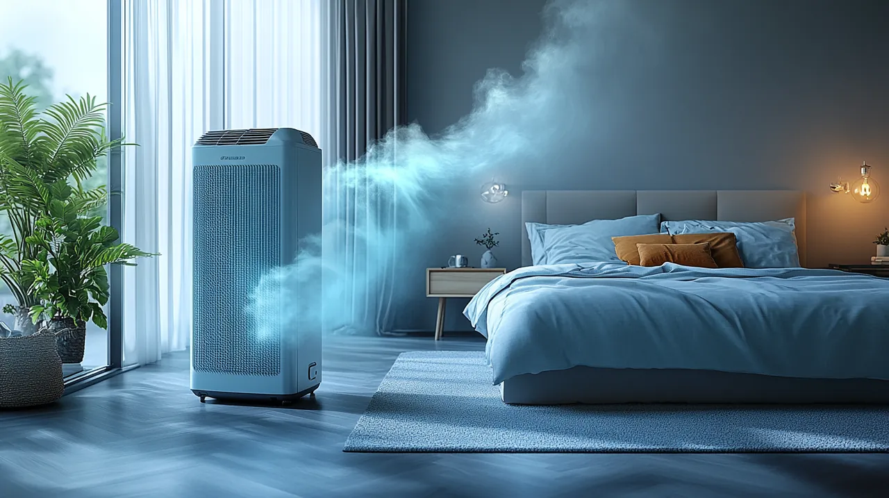 조용한 침실 환경에서 이동식 에어컨의 소음이 강조된 모습으로, 최신 인테리어 디자인과 함께 방해되는 소음 수준이 대비를 이룹니다.