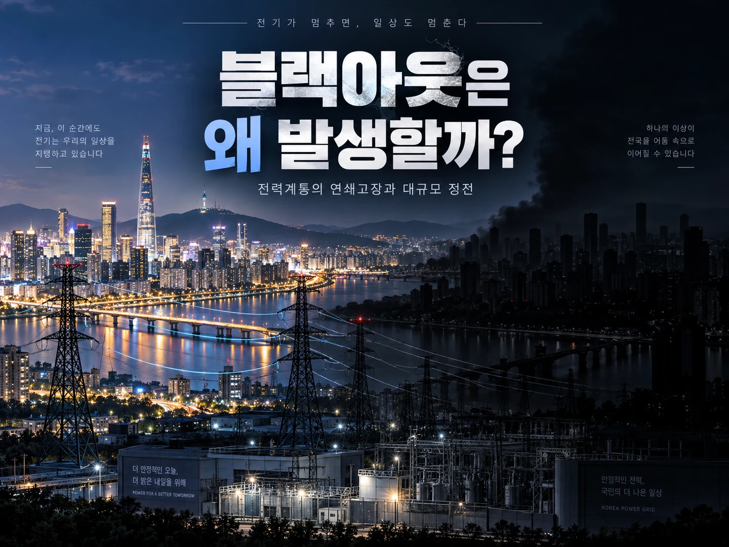 블랙아웃 발생으로 도시 일부가 정전된 전력계통과 송전망 모습