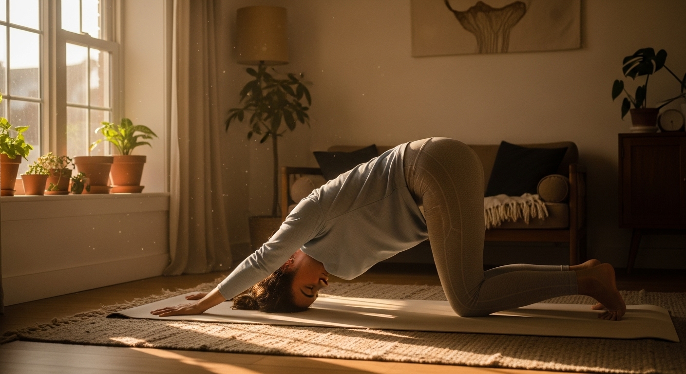 따뜻한 햇살이 드는 실내에서 요가 또는 스트레칭을 하는 사람, 꾸준한 운동으로 면역력을 높이는 모습.