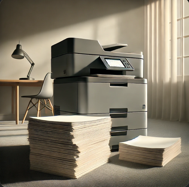 프린터 옆에 새로 인쇄된 문서 더미