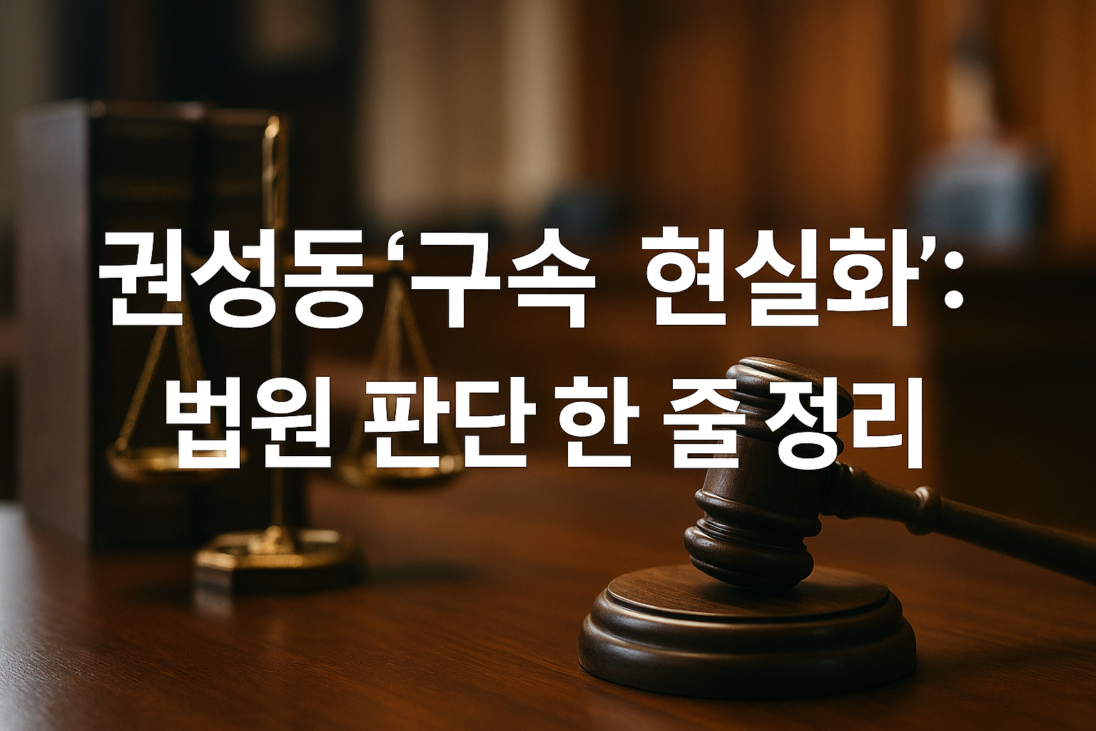 법정 배경 위에 ‘권성동 구속 현실화: 법원 판단 한 줄 정리’ 제목을 배치한 뉴스 썸네일로, 모바일에서도 가독성이 좋습니다.