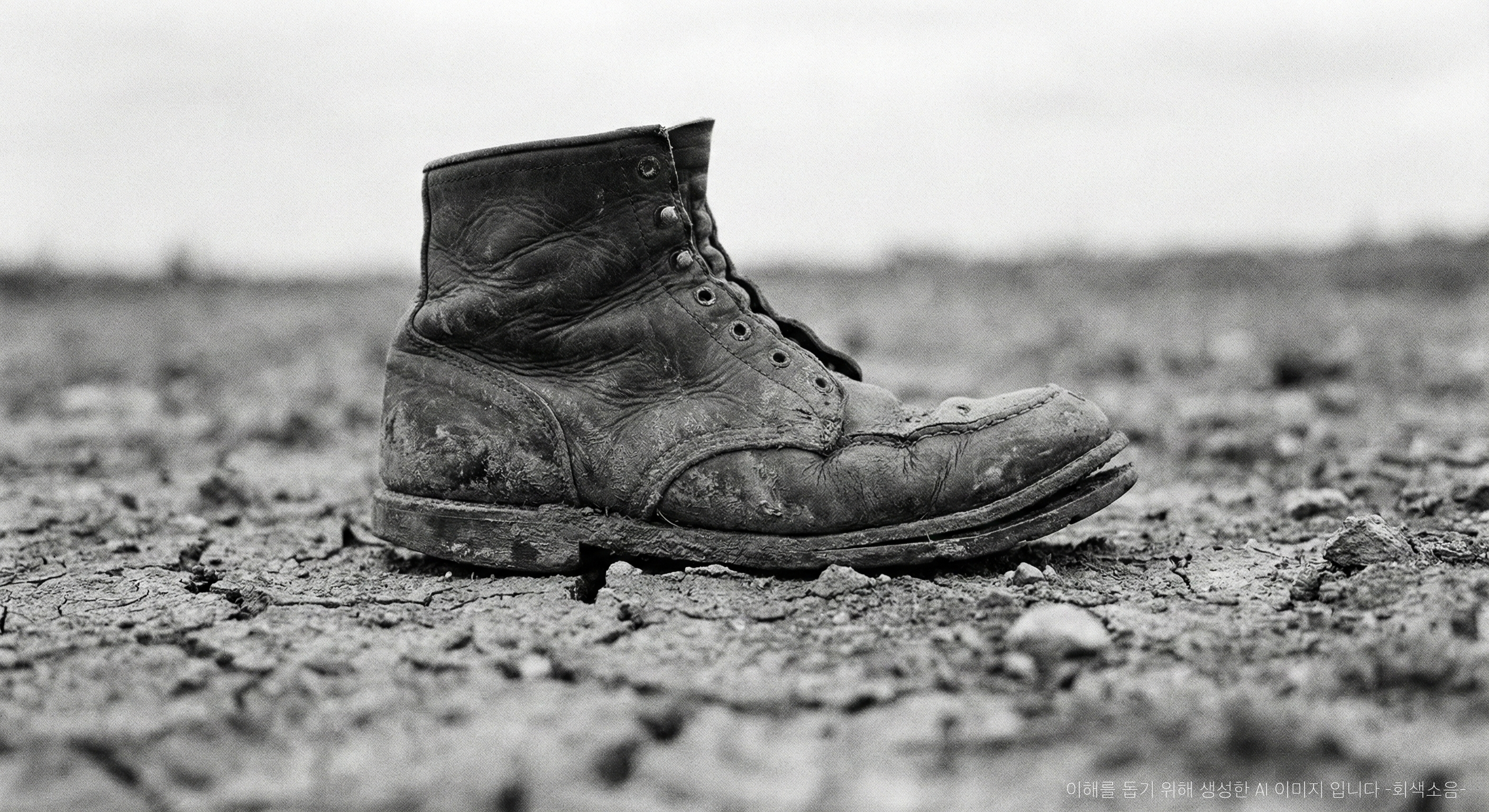 먼지와 진흙에 뒤덮인 낡은 가죽 부츠 한 짝이 갈라진 땅 위에 놓인, 거친 흑백 필름 질감의 클로즈업 사진.
