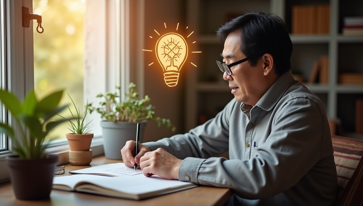 검정 머리 50대 아시아 남성이 햇살 좋은 창가에서 노트에 스도쿠나 퍼즐을 풀며 기억력을 훈련하는 리얼 사진 느낌의 고화질 이미지.