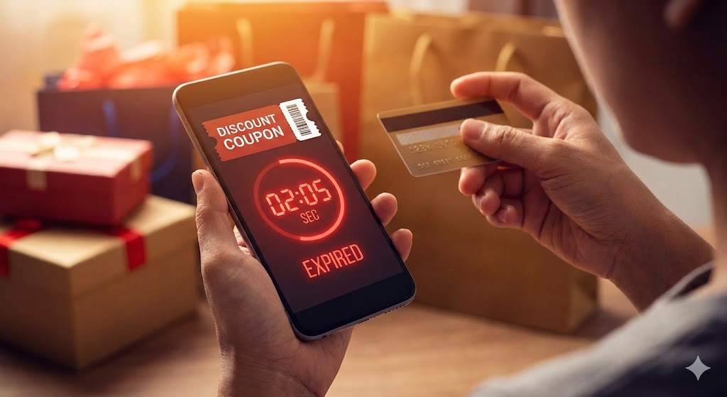 스마트폰-화면의-할인-쿠폰-만료-시간-카운트다운을-보며-급하게-신용카드를-꺼내는-소비자의-손과-주변의-쇼핑백들을-포착한-사진