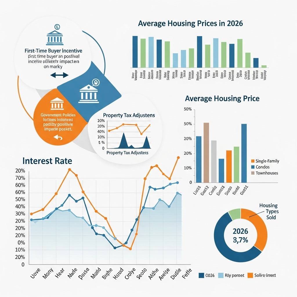 금리 변동, 정부 정책, 주택 가격 등 2026년 부동산 시장 주요 변수들을 시각적으로 보여주는 복합 그래프 인포그래픽.