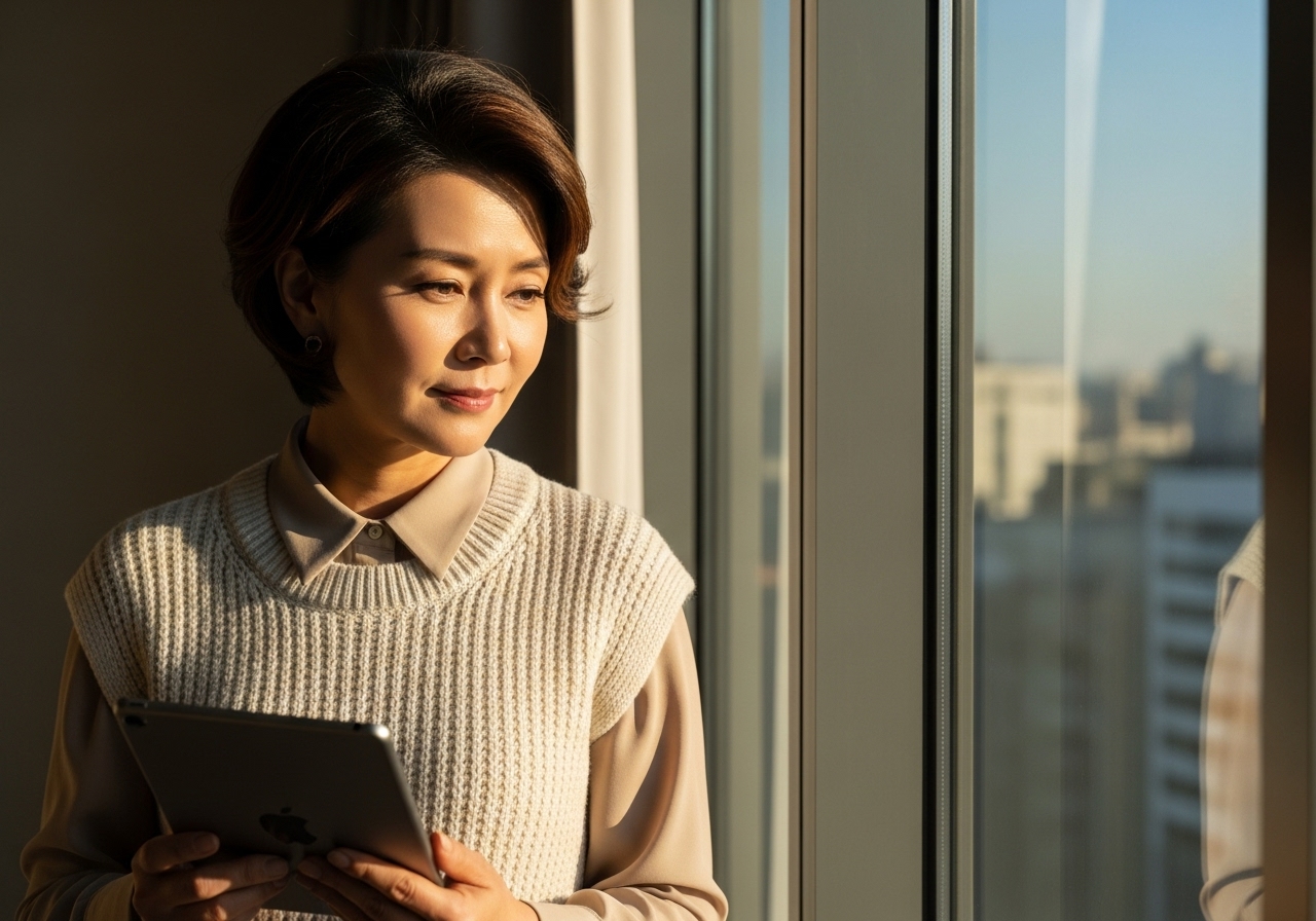 Korean woman in her 50s holding tablet by window