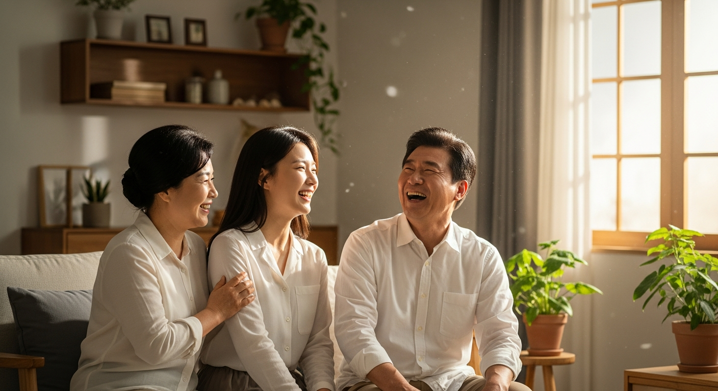 난청 해소로 듣는 즐거움을 되찾은 노인이 웃고 있는 모습