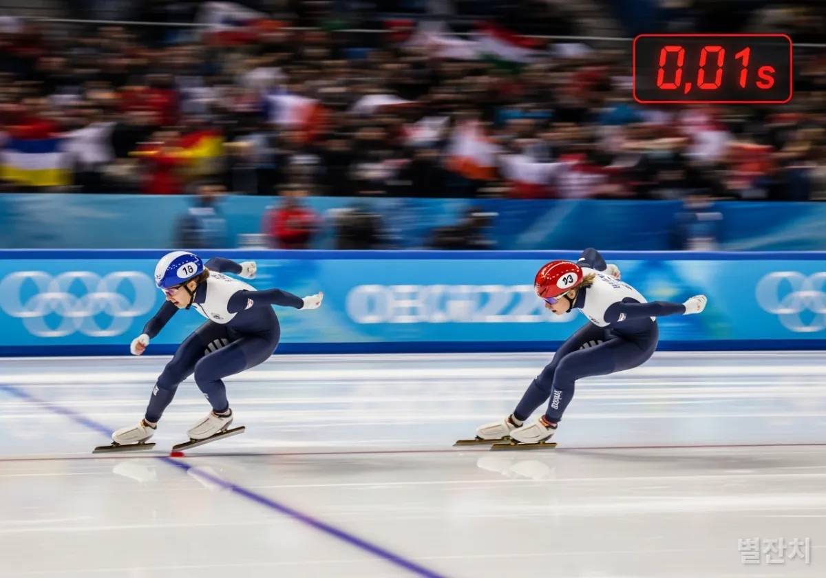 0.01초 차이로 승부가 갈리는 스피드 스케이팅 결승선 통과 순간