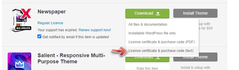 워드프레스 Newspaper 테마 라이선스 키 다운로드하기