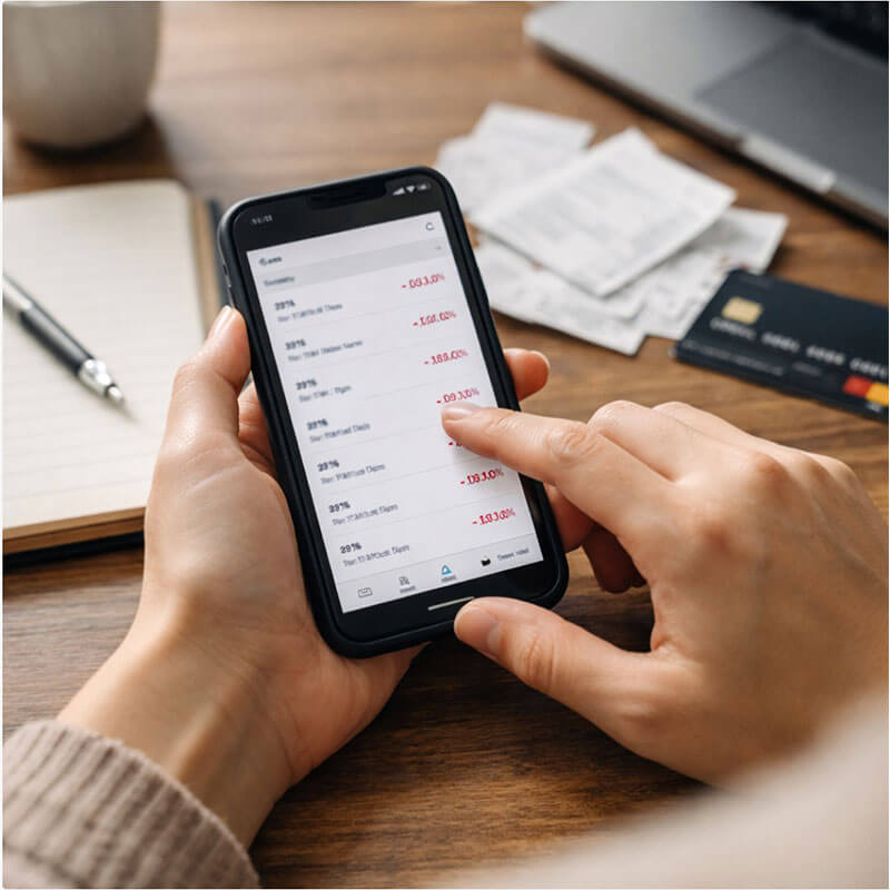 스마트폰으로 카드 사용 내역을 확인하며 소비 패턴을 점검하는 장면