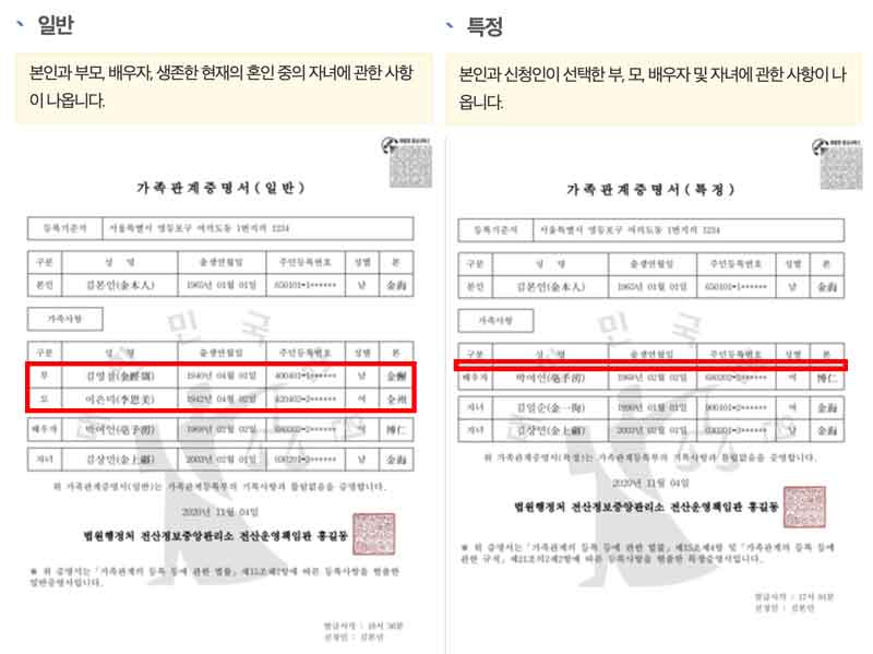 일반증명서와 특정증명서 발급예시 비교