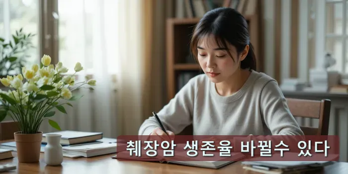 췌장암 치료 기록을 작성 중인 여성 환자