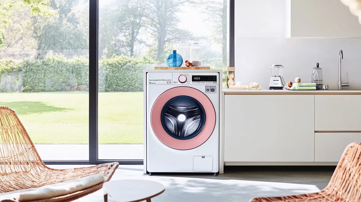 현대적인 주방과 유틸리티 공간에 완벽히 조화롭게 통합된 LG 트롬 세탁기의 모습
