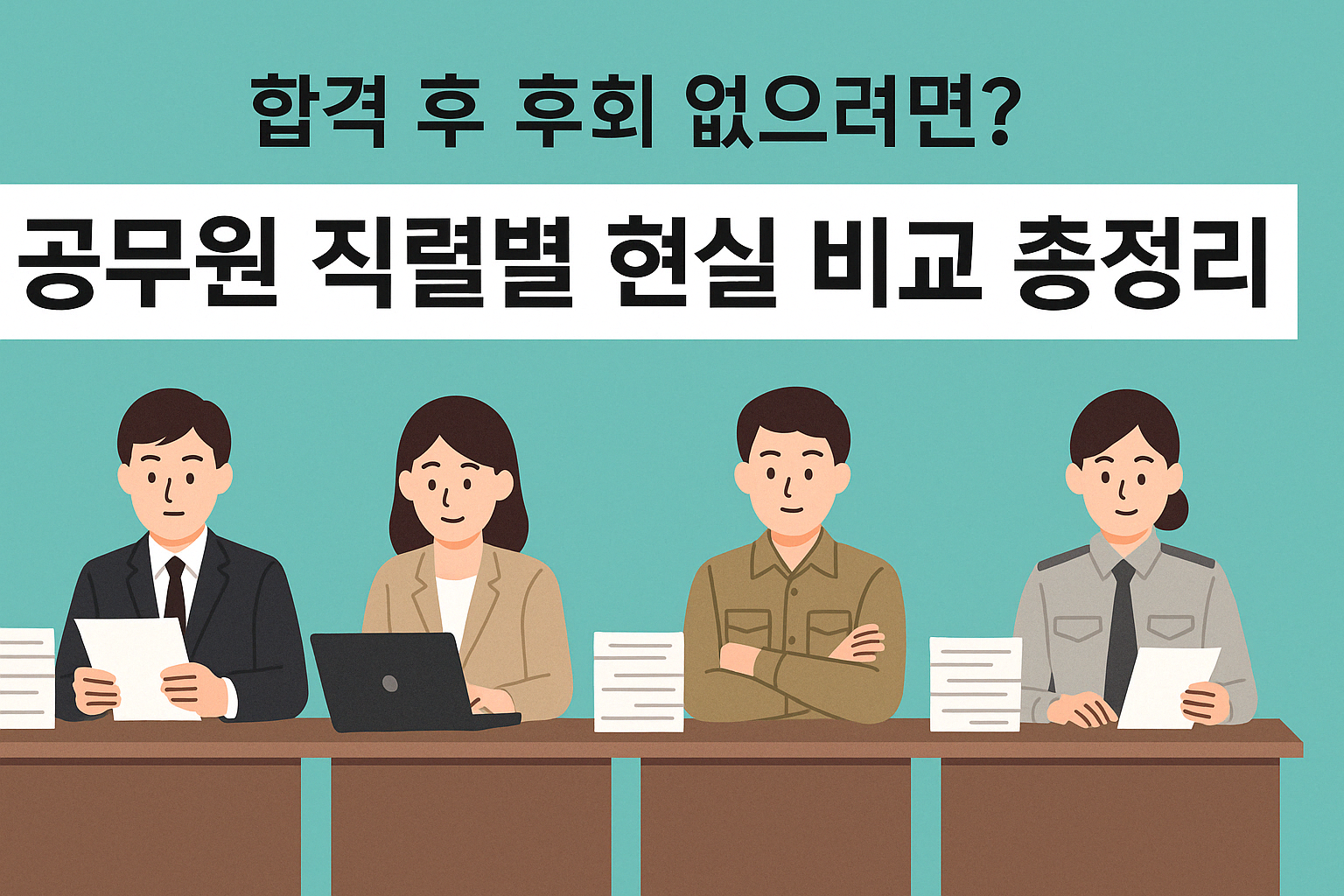 합격-후-후회-없으려면-공무원-직렬별-현실-비교-총정리-이미지-공무원-남녀-직종별-비교-일러스트-책상-서류-노트북-군복-경찰-공직자-업무-환경-묘사