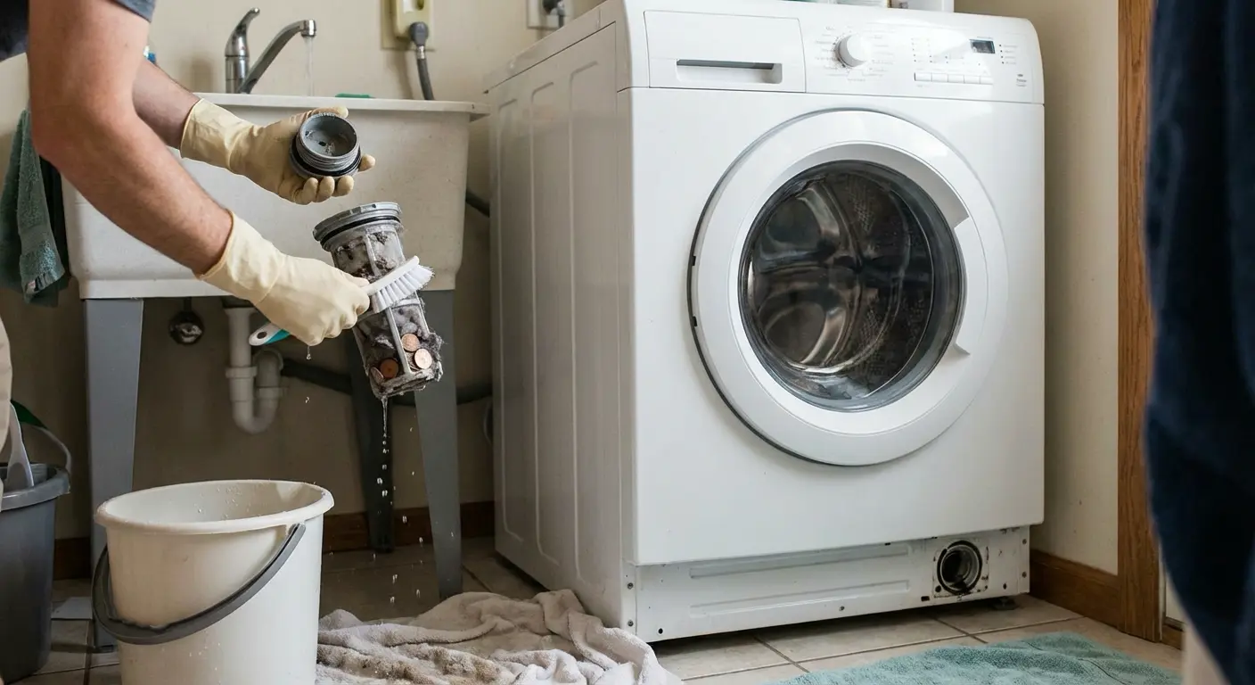 세탁기 배수 필터 청소 모습