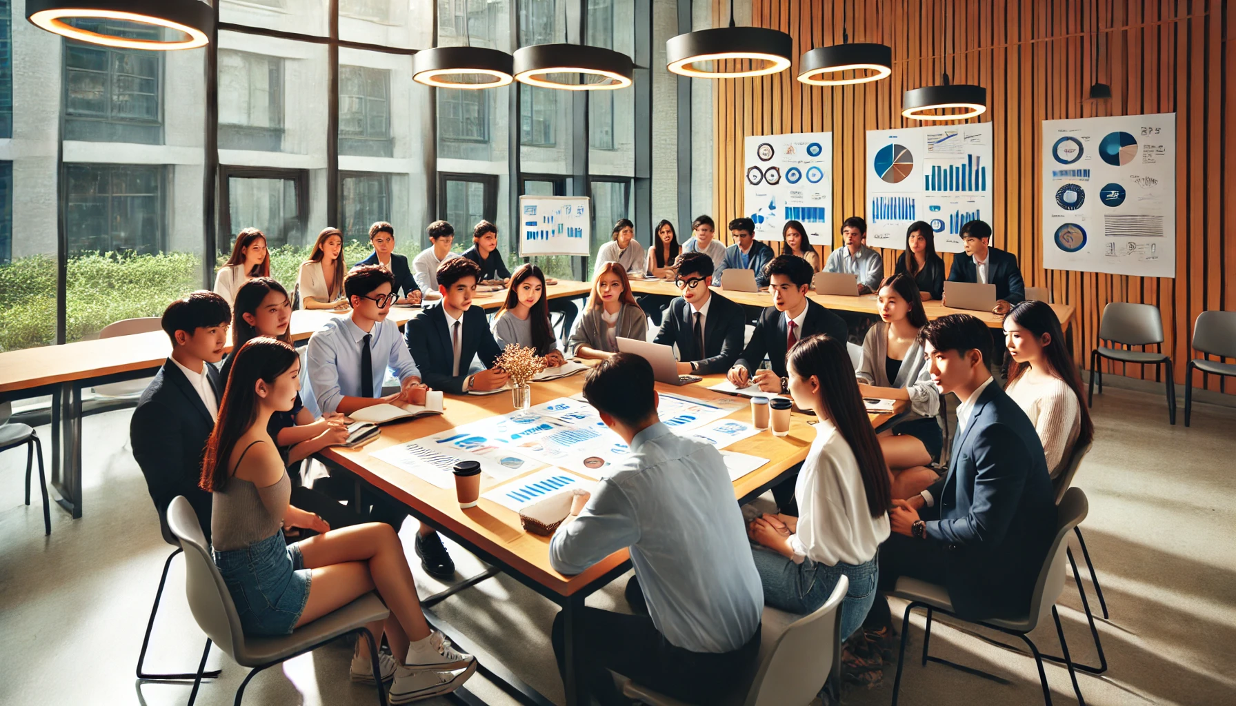 차트를 보며 회의하는 경영학과 학생들의 실습 장면