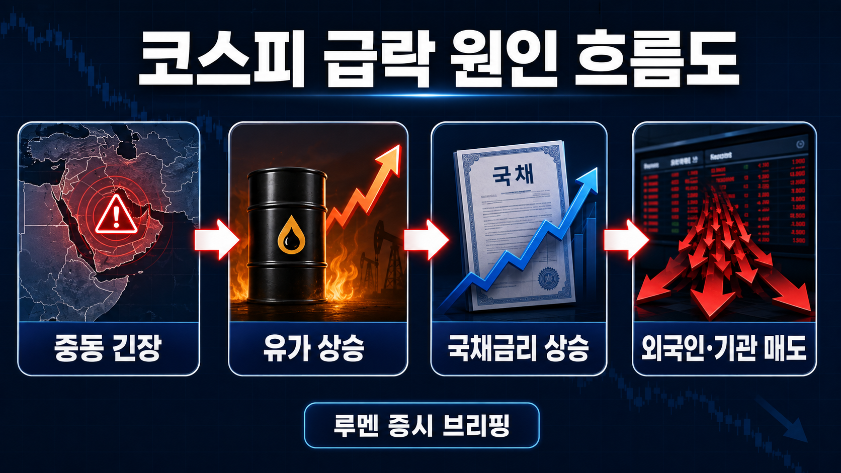 코스피 급락 원인 흐름도
중동 긴장 → 유가 상승 → 국채금리 상승 → 외국인·기관 매도