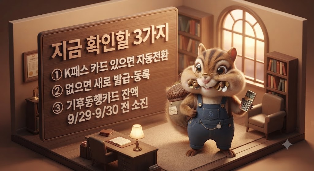 다랑이 캐릭터와 함께 기후동행카드에서 모두의카드로 전환 시 확인할 체크리스트가 담긴 3D 카드뉴스 이미지