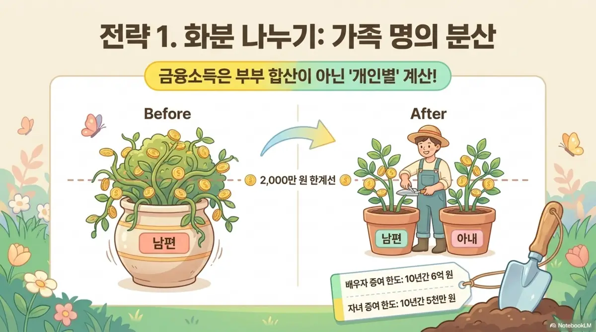 금융소득종합과세 절세를 위한 가족 명의 분산 전략을 화분 나누기에 비유한 인포그래픽 이미지. 왼쪽에는 남편 명의 한 곳에 금화가 몰려 있어 2천만 원 한계선을 넘는 모습이 오른쪽에는 남편과 아내 두 개의 화분으로 나눠 각각 한계선 아래로 내려간 모습이 보인다. 하단에 배우자 증여 한도 10년간 6억 원과 자녀 증여 한도 10년간 5천만 원이 표시되어 있다. 이 이미지는 금융소득을 개인별로 판단하는 구조를 활용한 명의 분산 절세 전략을 시각적으로 전달하며 블로그의 가족 명의 분산 전략 설명과 관련된 내용을 설명함