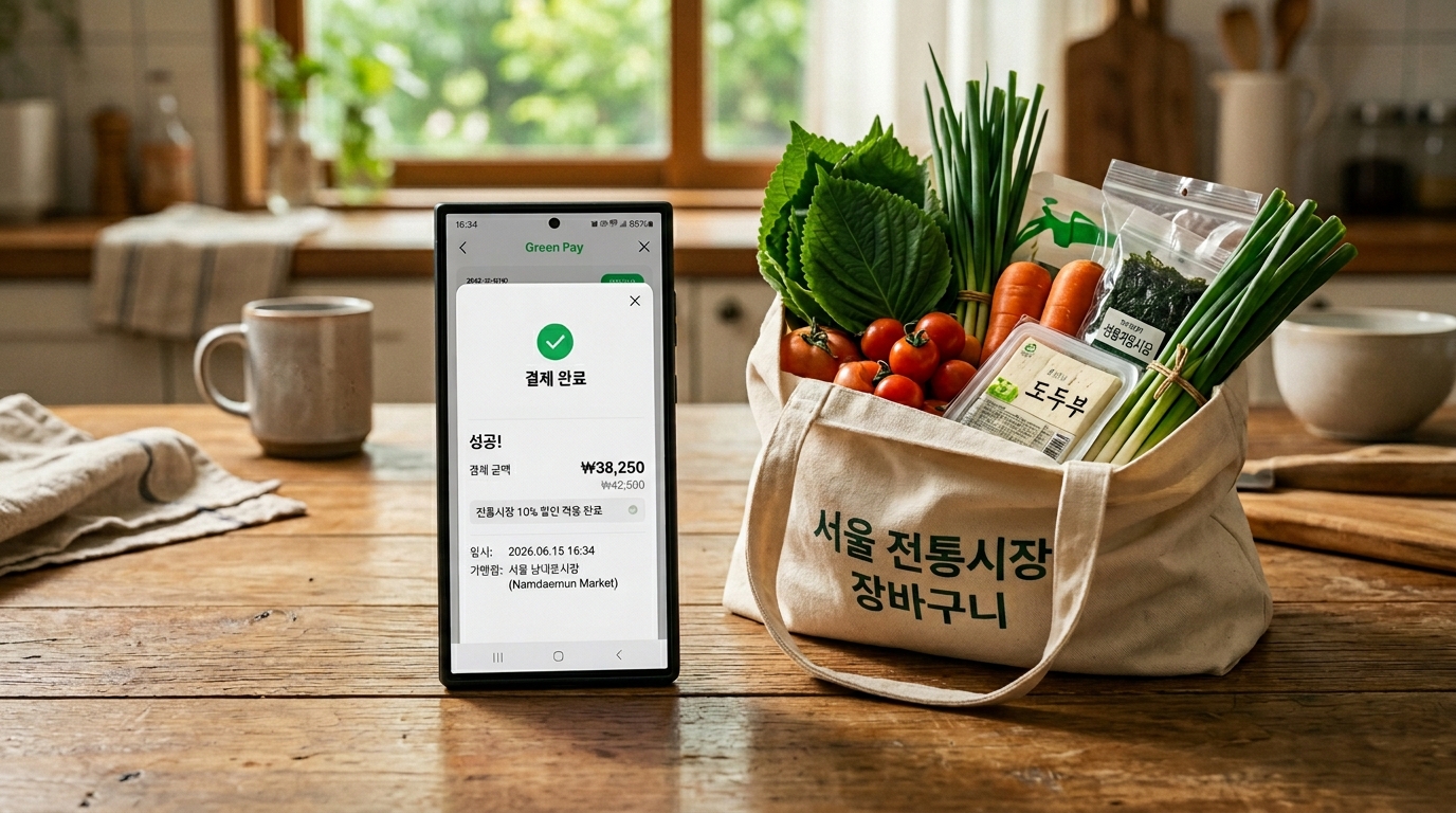 전통시장 장보기를 마치고 앱으로 10% 할인을 받아 결제 완료한 스마트폰 화면.