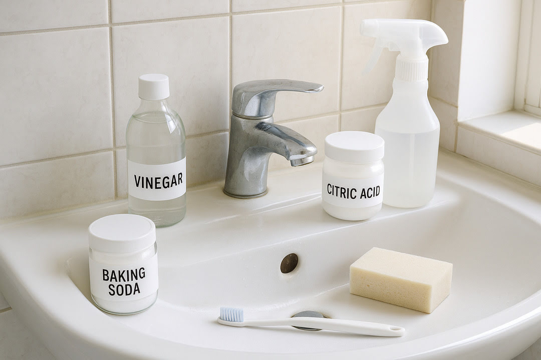 화장실세면대위에베이킹소다통식초통구연산통치솔비누가있는사진